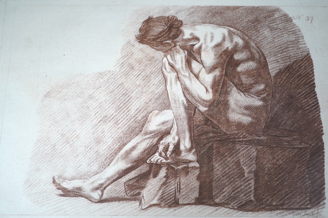 Gabriel Smith?, sepia engraving, Study of a nude man, 21 x 32cm, unframed. Condition - fair to good, some wear to edges